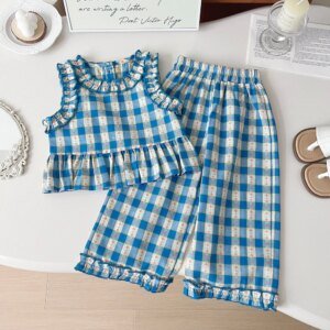 Girls' Floral Plaid Set - Tank Top & Wide Leg Pants 2-Piece Outfit