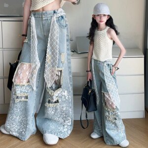 Girls' Y2K Ripped Jeans - Lace Drawstring Hip Hop Denim Pants