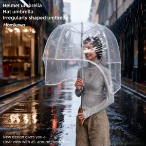 Long-Handled Helmet Umbrella - Windproof Waterproof Transparent Cap