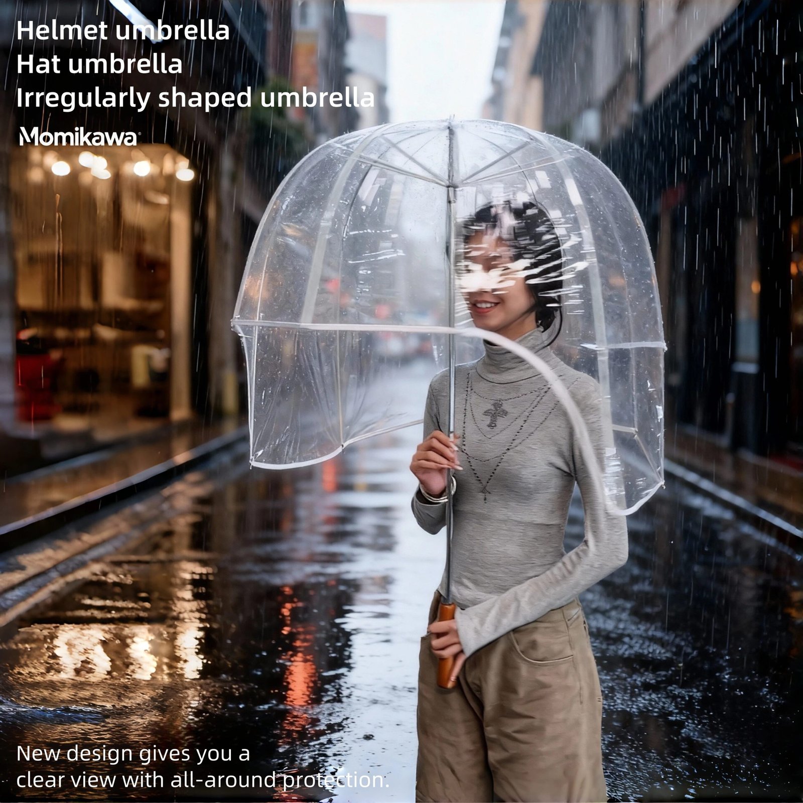 Long-Handled Helmet Umbrella - Windproof Waterproof Transparent Cap