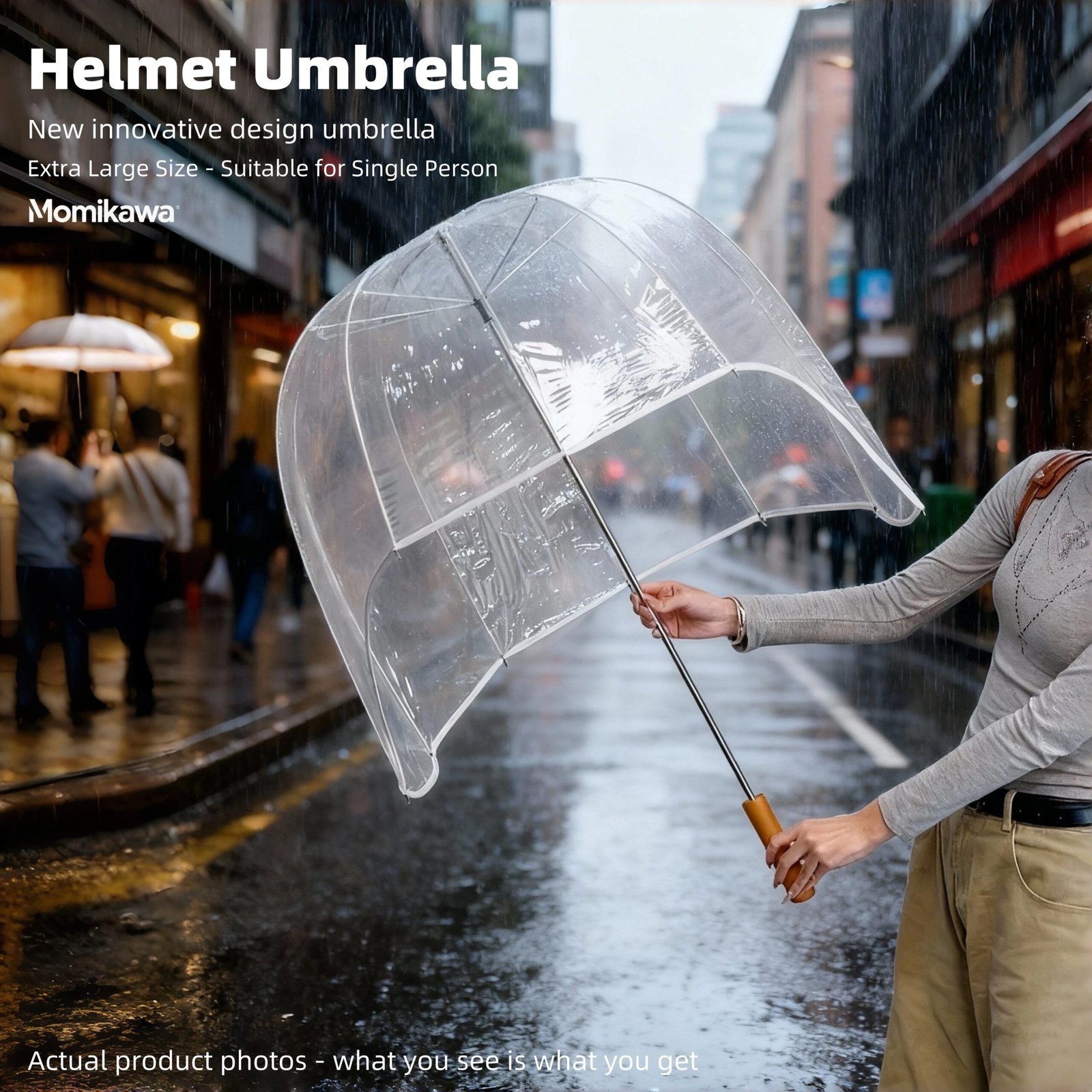 Long-Handled Helmet Umbrella - Windproof Waterproof Transparent Cap
