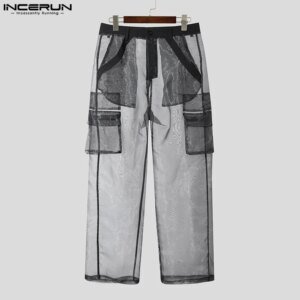 Men's Gradient Mesh Joggers - Oversize Button Pocket Straight Pants
