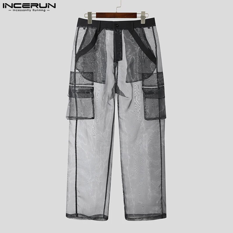 Men's Gradient Mesh Joggers - Oversize Button Pocket Straight Pants