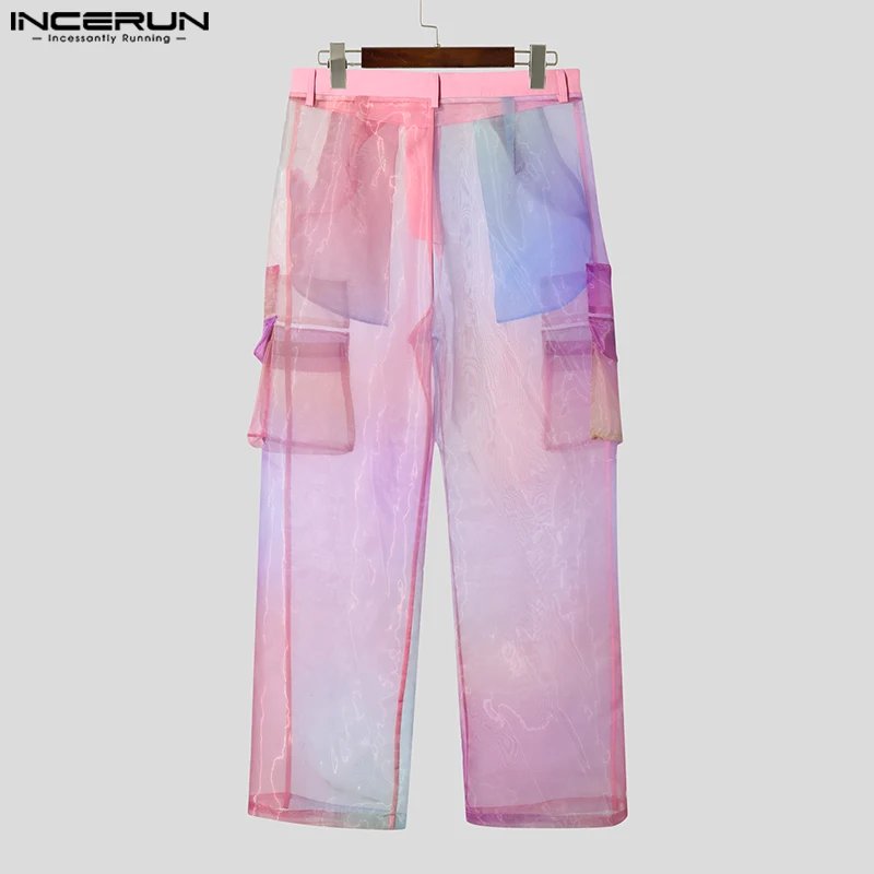Men's Gradient Mesh Joggers - Oversize Button Pocket Straight Pants