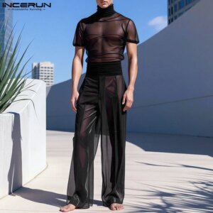 Men's Mesh 2-Piece Set - See-Through Turtleneck Tee & Pants Suit