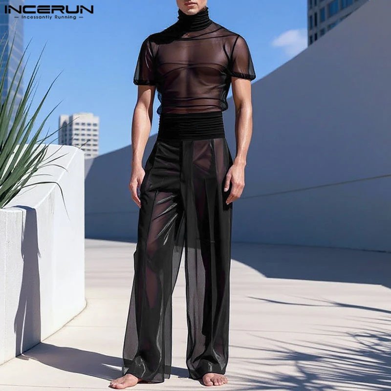 Men's Mesh 2-Piece Set - See-Through Turtleneck Tee & Pants Suit