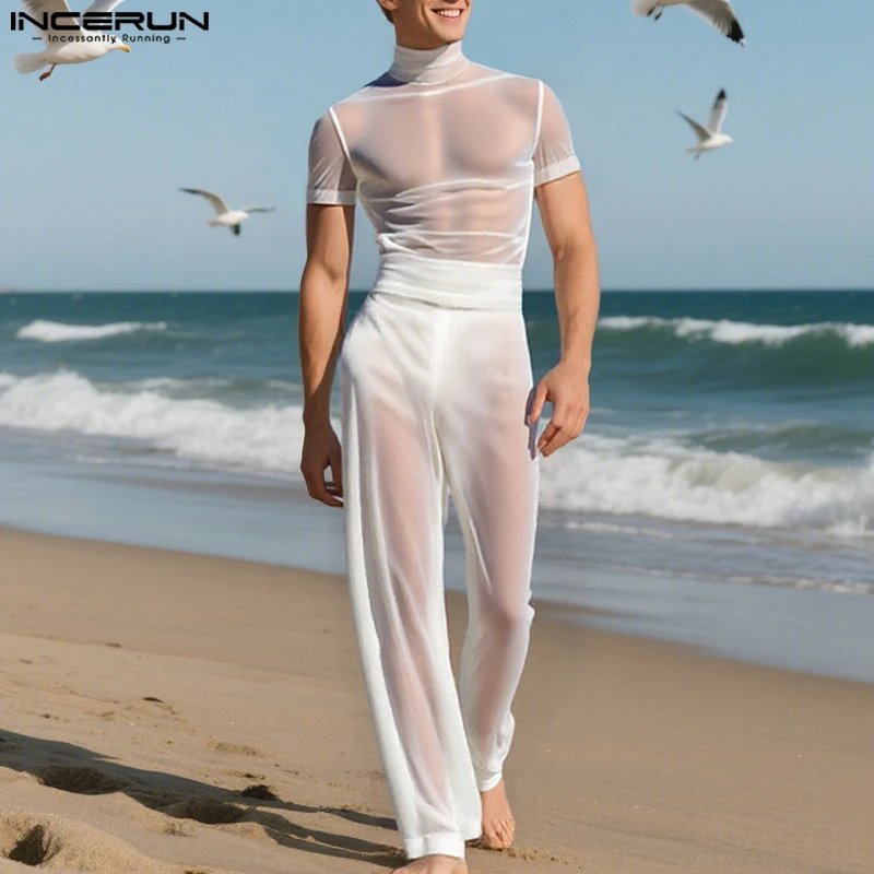 Men's Mesh 2-Piece Set - See-Through Turtleneck Tee & Pants Suit