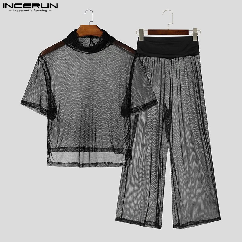 Men's Mesh 2-Piece Set - See-Through Turtleneck Tee & Pants Suit
