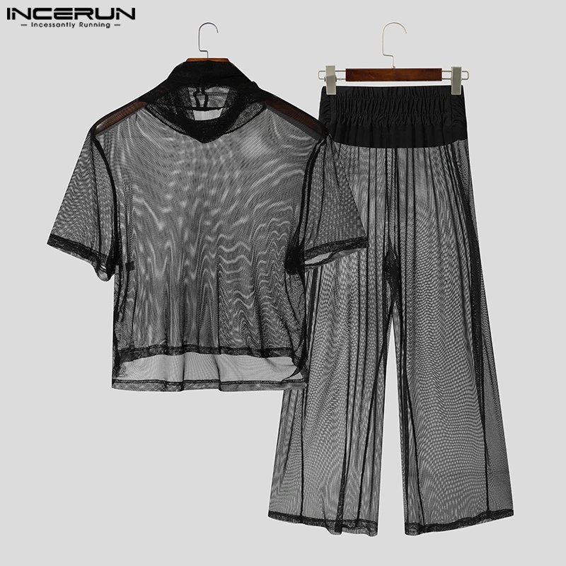 Men's Mesh 2-Piece Set - See-Through Turtleneck Tee & Pants Suit