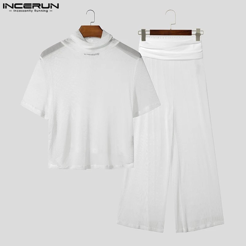 Men's Mesh 2-Piece Set - See-Through Turtleneck Tee & Pants Suit