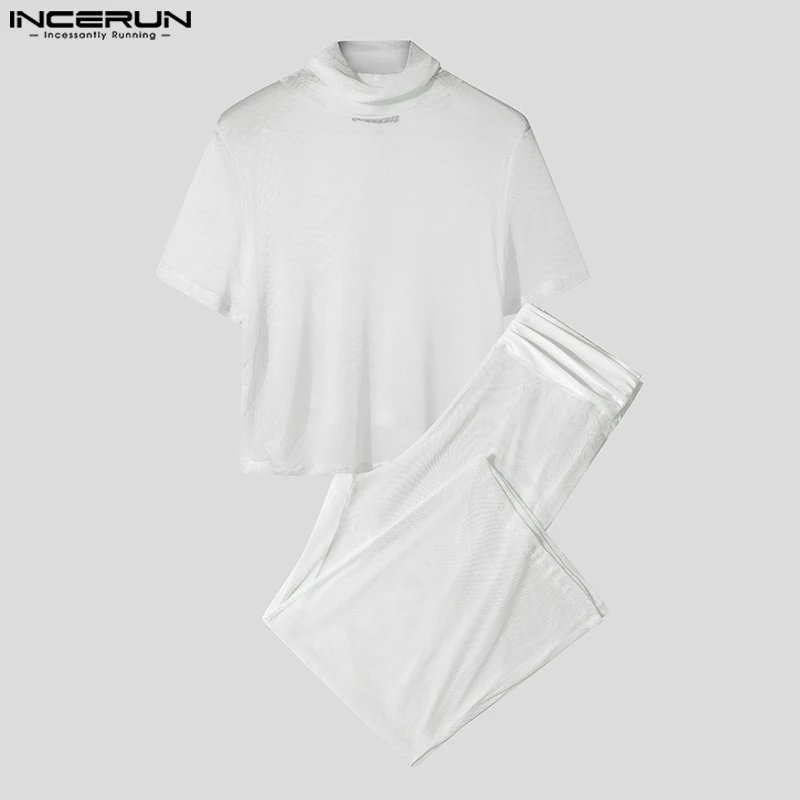 Men's Mesh 2-Piece Set - See-Through Turtleneck Tee & Pants Suit