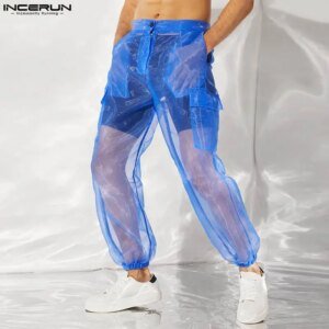 Men's Mesh Button Pants - See-Through Casual Trousers with Pockets