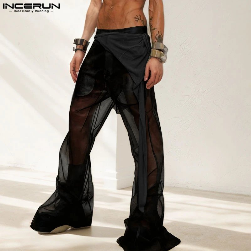 Men's Mesh Patchwork Trousers - Pleated See-Through Long Pants (S-3XL)