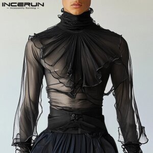 Men's Pleated High Neck Shirt - Slim Long Sleeve Nightclub Blouse