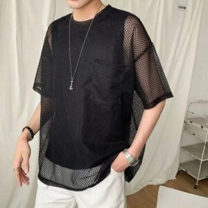 Men's Y2K Mesh Grid T-Shirt - Translucent Short Sleeve Streetwear Top
