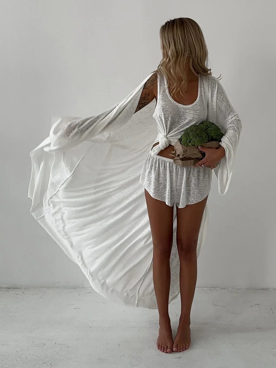 Women's 3-Piece Set - Robe, Vest & Shorts Semi Transparent Beachwear