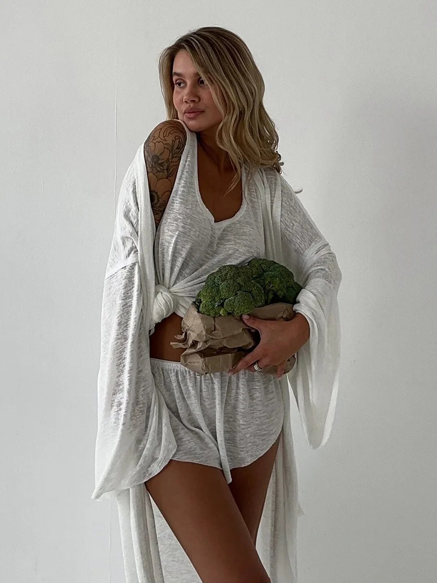 Women's 3-Piece Set - Robe, Vest & Shorts Semi Transparent Beachwear