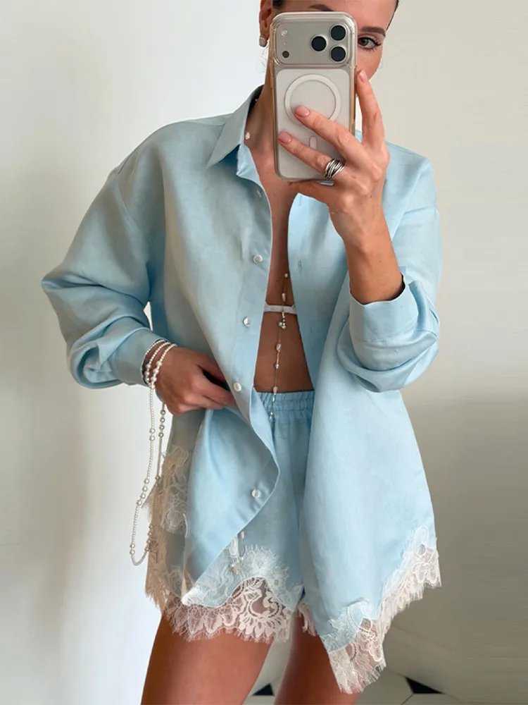 Women's Beach Shirt & Shorts Set - Lapel Lace Patchwork Holiday Outfit
