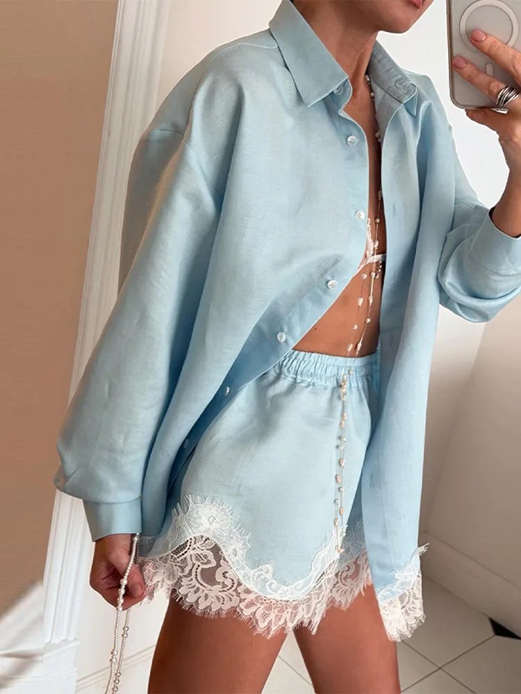 Women's Beach Shirt & Shorts Set - Lapel Lace Patchwork Holiday Outfit