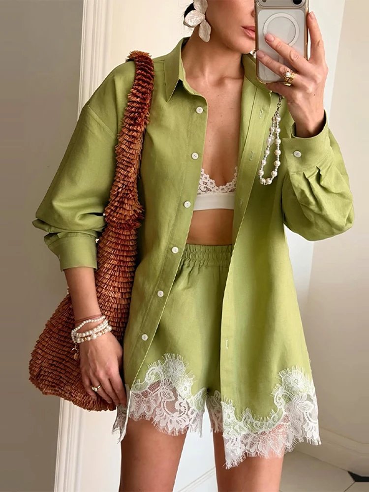 Women's Beach Shirt & Shorts Set - Lapel Lace Patchwork Holiday Outfit