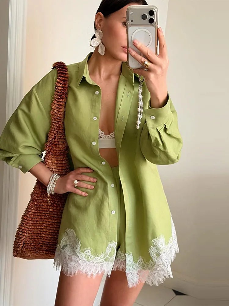 Women's Beach Shirt & Shorts Set - Lapel Lace Patchwork Holiday Outfit