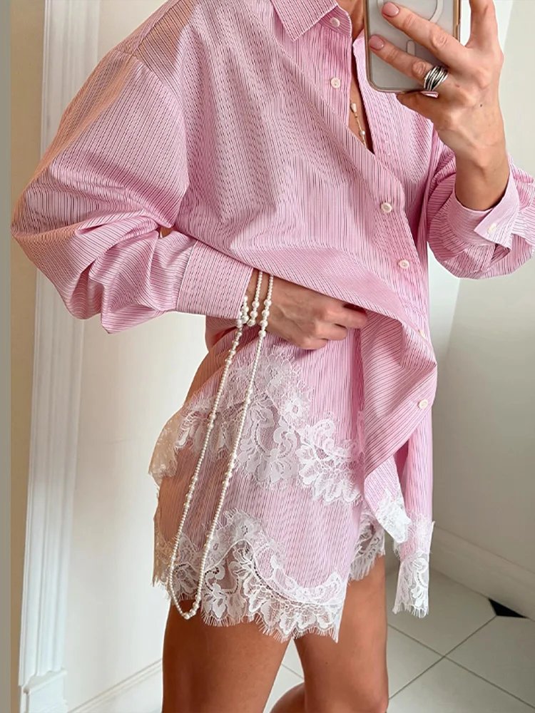 Women's Beach Shirt & Shorts Set - Lapel Lace Patchwork Holiday Outfit