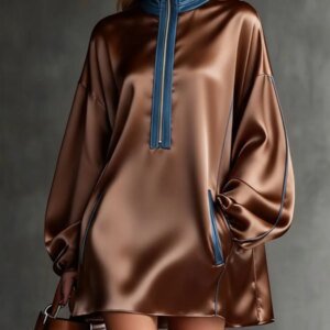 Women's Brown Satin Mini Dress - Stand Collar Long Puff Sleeve Outerwear