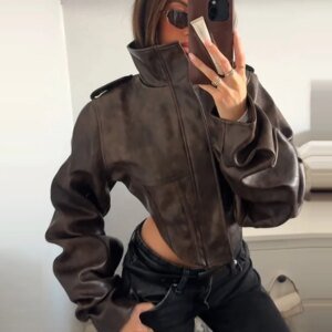 Women's Cropped Faux Leather Jacket - Stand Collar Balloon Sleeve Biker Coat