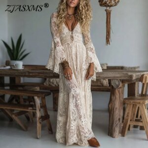 Women's Embroidery Lace Long Dress - Deep V-Neck Crochet Maxi Dress