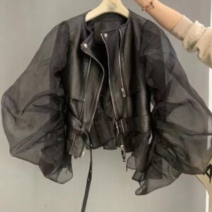 Women's Faux Leather Short Coat - Organza Bubble Sleeve Y2K Jacket