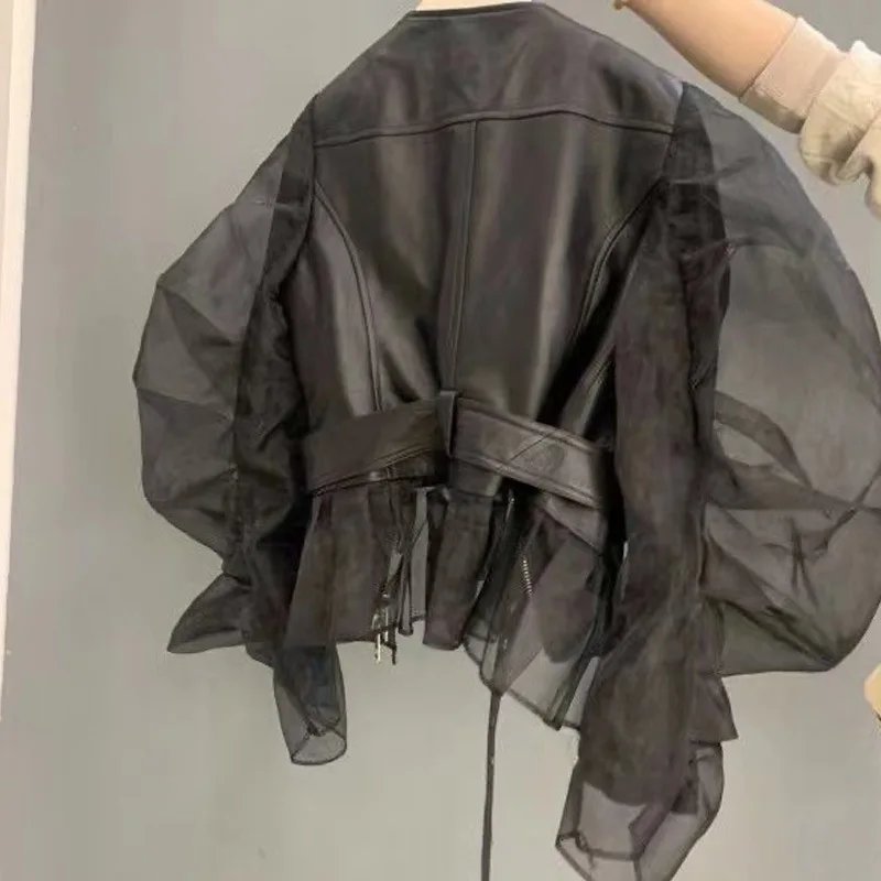 Women's Faux Leather Short Coat - Organza Bubble Sleeve Y2K Jacket