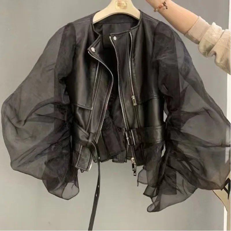 Women's Faux Leather Short Coat - Organza Bubble Sleeve Y2K Jacket