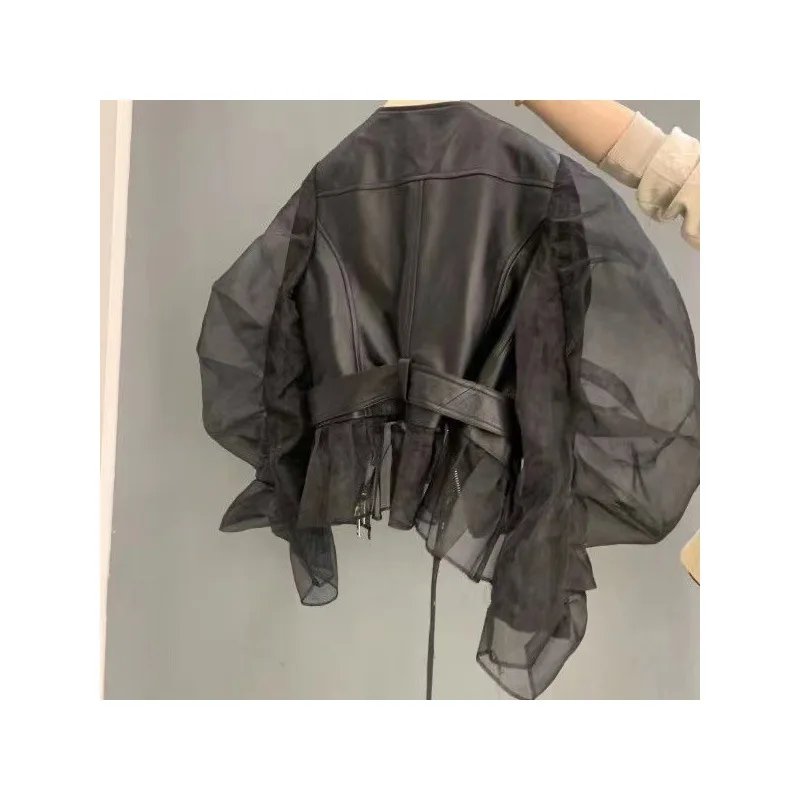 Women's Faux Leather Short Coat - Organza Bubble Sleeve Y2K Jacket