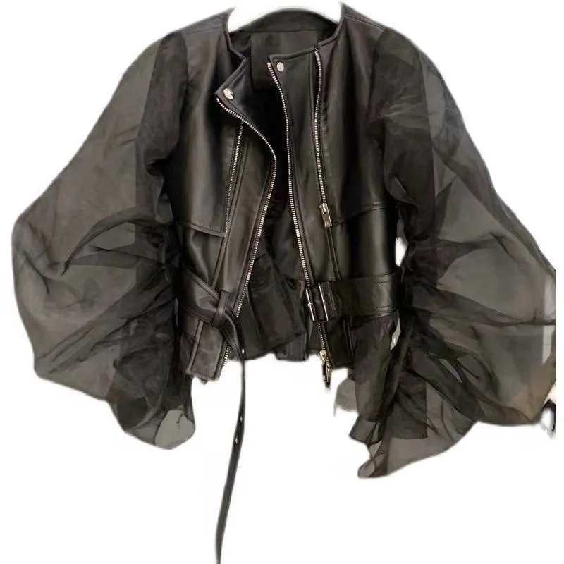 Women's Faux Leather Short Coat - Organza Bubble Sleeve Y2K Jacket