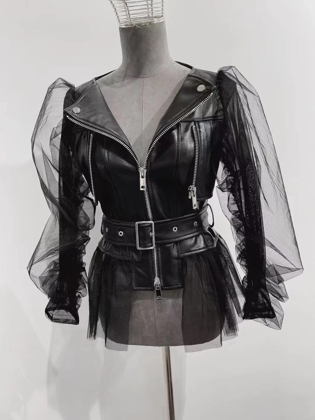 Women's Faux Leather Short Coat - Organza Bubble Sleeve Y2K Jacket