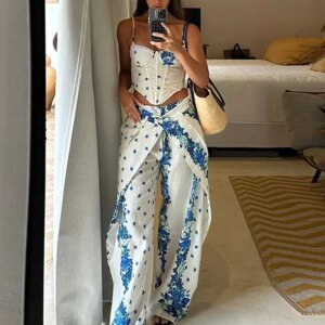 Women's Fishbone Print Set - Strapless Top & Loose Long Pants