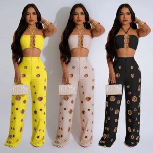 Women's Halter Crop Top & Wide Leg Pants Set - Backless Lace-Up Suit