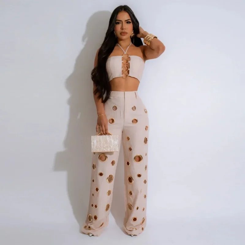 Women's Halter Crop Top & Wide Leg Pants Set - Backless Lace-Up Suit