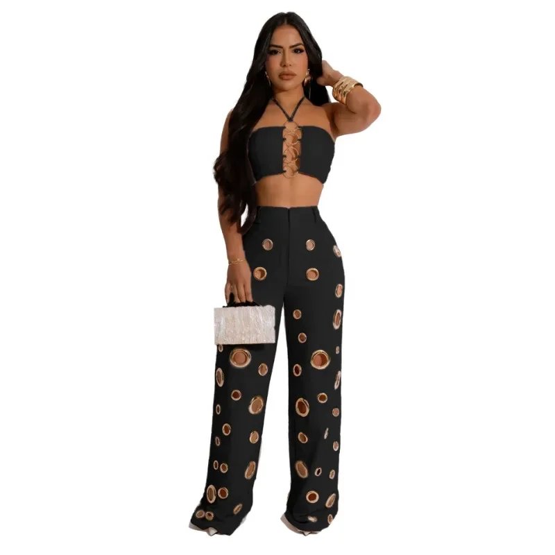 Women's Halter Crop Top & Wide Leg Pants Set - Backless Lace-Up Suit