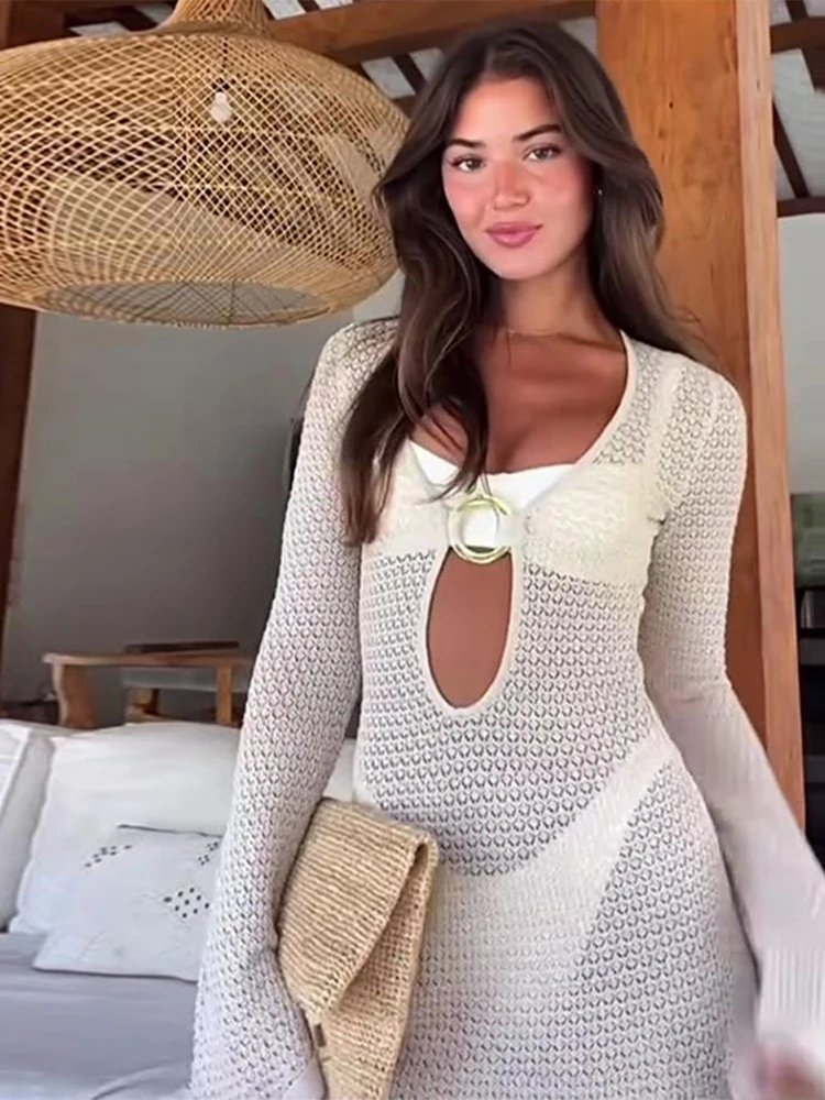 Women's Hollow Out Knit Maxi Dress - V-Neck Long Flare Sleeve Dress