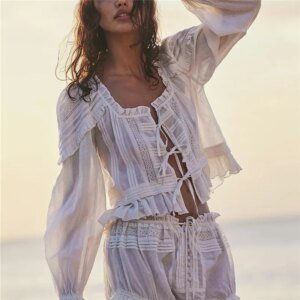 Women's Lace Trim Crop Cardigan - Long Puff Sleeve Tie Up Peplum Top