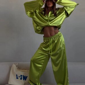 Women's Loose Shirt & Wide Leg Pants Set - Zipper Lapel Suit