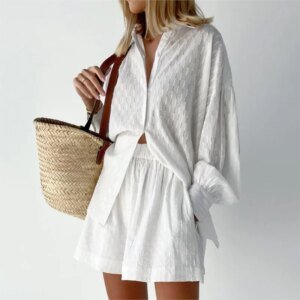Women's Loose Shorts Set - Long Sleeve Shirt & Shorts Summer Suit