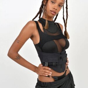 Women's Mesh Patchwork Tank Top - Y2K Belt Zip Vest