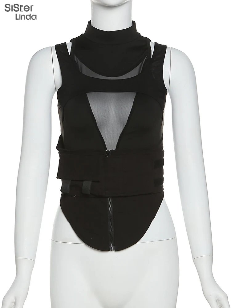 Women's Mesh Patchwork Tank Top - Y2K Belt Zip Vest