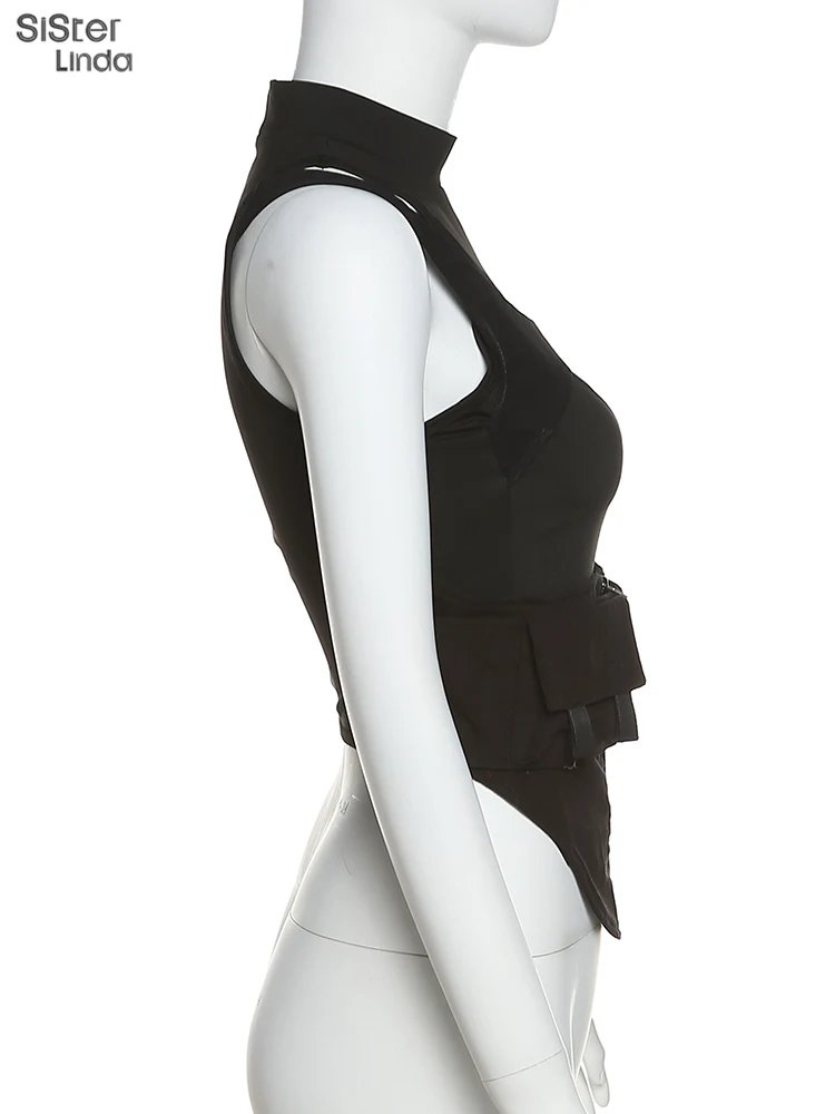 Women's Mesh Patchwork Tank Top - Y2K Belt Zip Vest