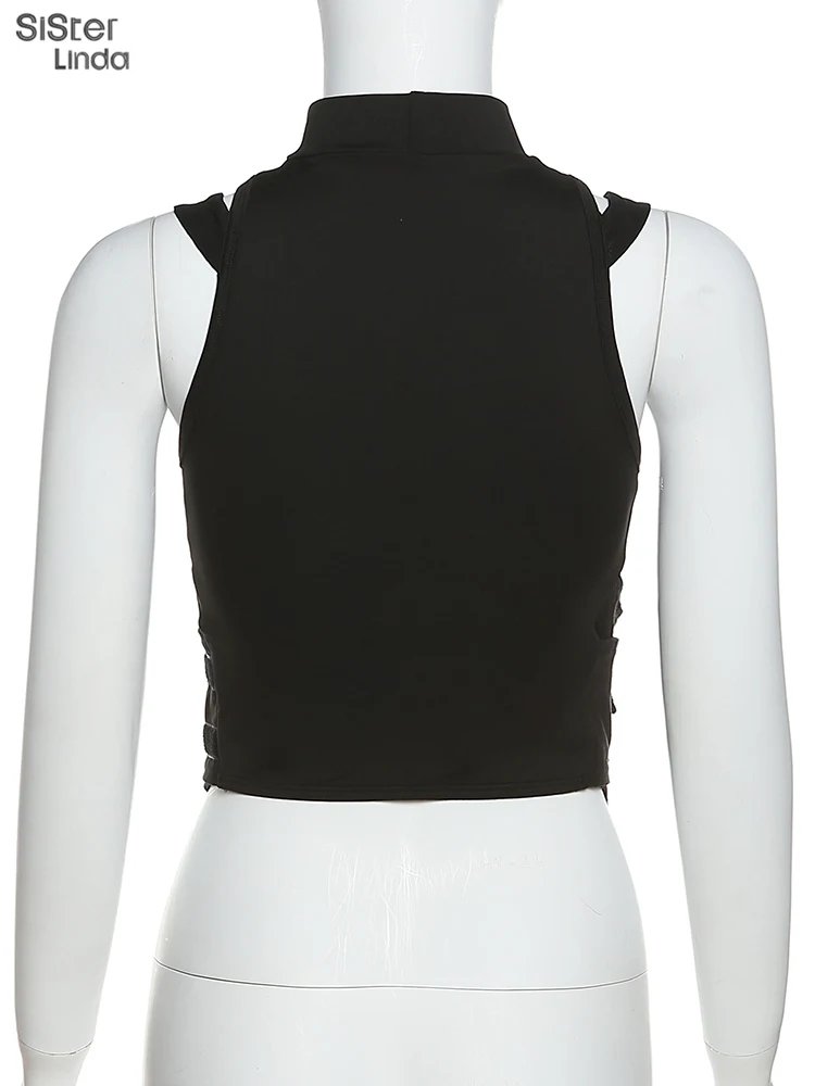Women's Mesh Patchwork Tank Top - Y2K Belt Zip Vest