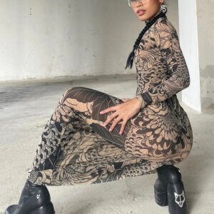 Women's Mesh Print Maxi Dress - Turtleneck Long Sleeve Bodycon Dress