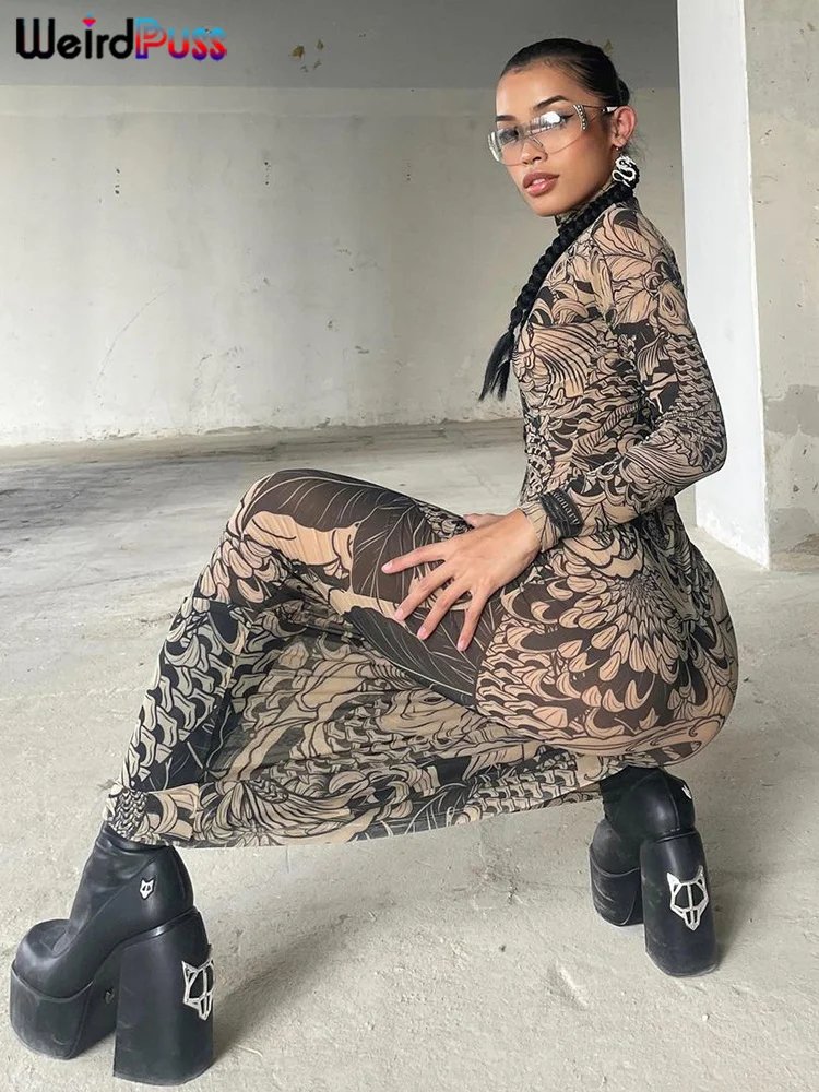 Women's Mesh Print Maxi Dress - Turtleneck Long Sleeve Bodycon Dress