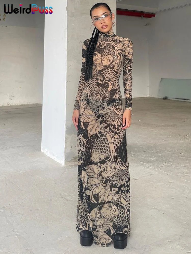 Women's Mesh Print Maxi Dress - Turtleneck Long Sleeve Bodycon Dress